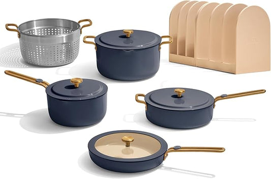 Our Place 11-Piece Essentials Complete Cookware Set - Ceramic Fry Pan, Saucepan, Saut챕 Pan, Stock Pot, Strainer Basket & Rack Storage | Thermakind??Nonstick, Oven Safe up to 450째F | Blue Salt