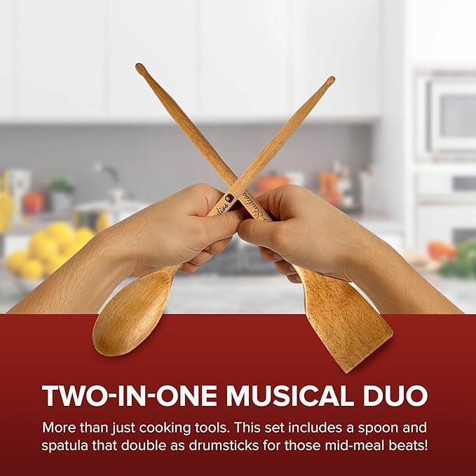 Drumstick Kitchen Utensils (2-Pc Set) - Beechwood Wooden Spoons, Drumstick Cooking Utensil Set, Funny Kitchen Gadgets, Unique Gifts for Drummers, Musicians, Men, Women
