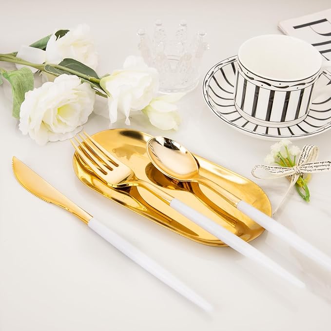 I00000 60 Pcs Gold Plastic Silverware - Heavy Duty Plastic Cutlery -Party Disposable Silverware Set竊똃isposable Cutlery Set Includes 20 Forks, 20 Knives, 20 Spoons Perfect for Wedding