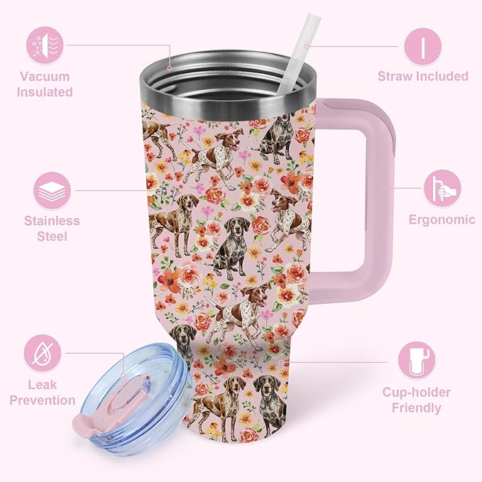 Yogusut German Shorthaired Pointer Gifts for Women, 40oz Stainless Steel Insulated Tumbler Travel Mug Cup with Handle Straw, Gifts for Dog Mom Dog Lover