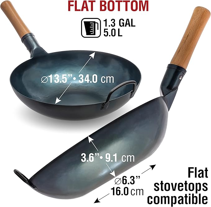 YOSUKATA 13.5??Blue Carbon Steel Wok Pan ??Pre-Seasoned Flat Bottom Wok Compatible with open fire, gas, electric, ceramic, induction cooktops -Traditional Chinese Pan for Stir Fry, BBQ, Grill, Camping