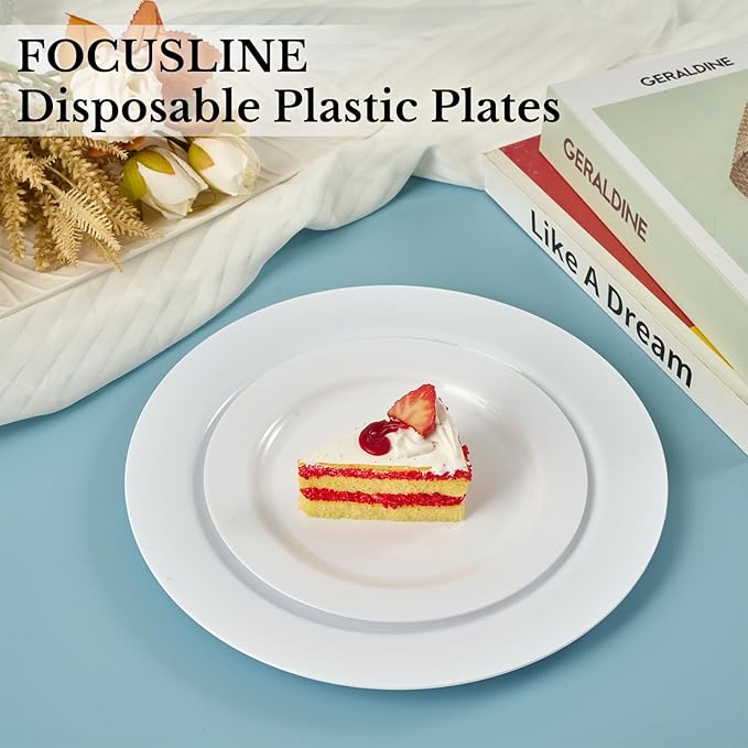 FOCUSLINE 100 Count White Plastic Dessert Plates 7 Inch, Disposable Heavy Duty Plastic Plates for Weddings, Parties and Events