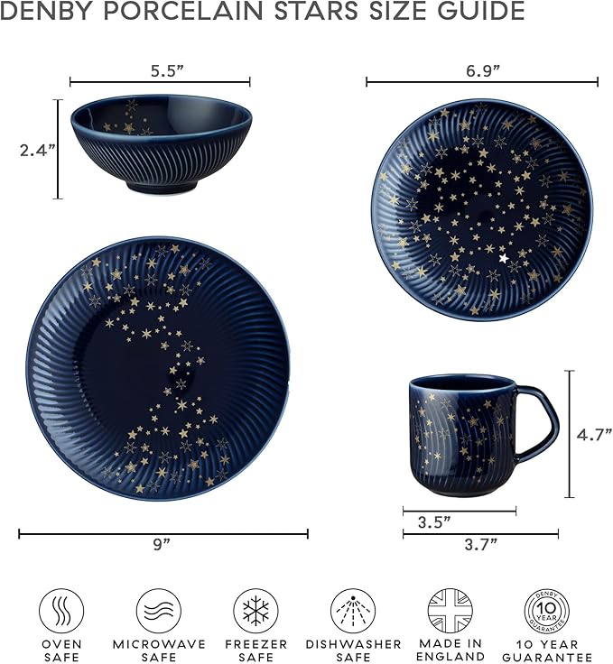 Denby - Porcelain Arc Blue Stars Coffee Mug Set of 4-13.5oz Gold Pattern Tea Mug Set For Office & Home - Dishwasher Safe, Microwave Safe - Ceramic Cups With Blue Glaze