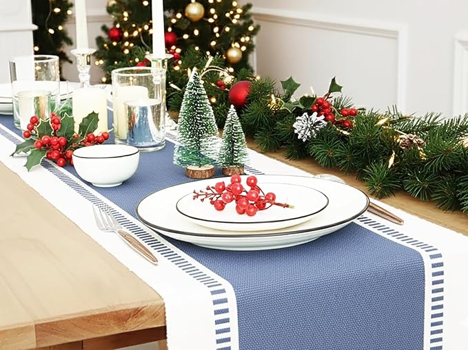 PurpleEssences Table Runner - Wide with Dobby Stripe, Heavy Ribbed Weave & Double Knot Fringes, 14x90 Inch (14x95.5 with Fringes) Farmhouse Decor - Christmas Holiday Winter- French Blue and H.White