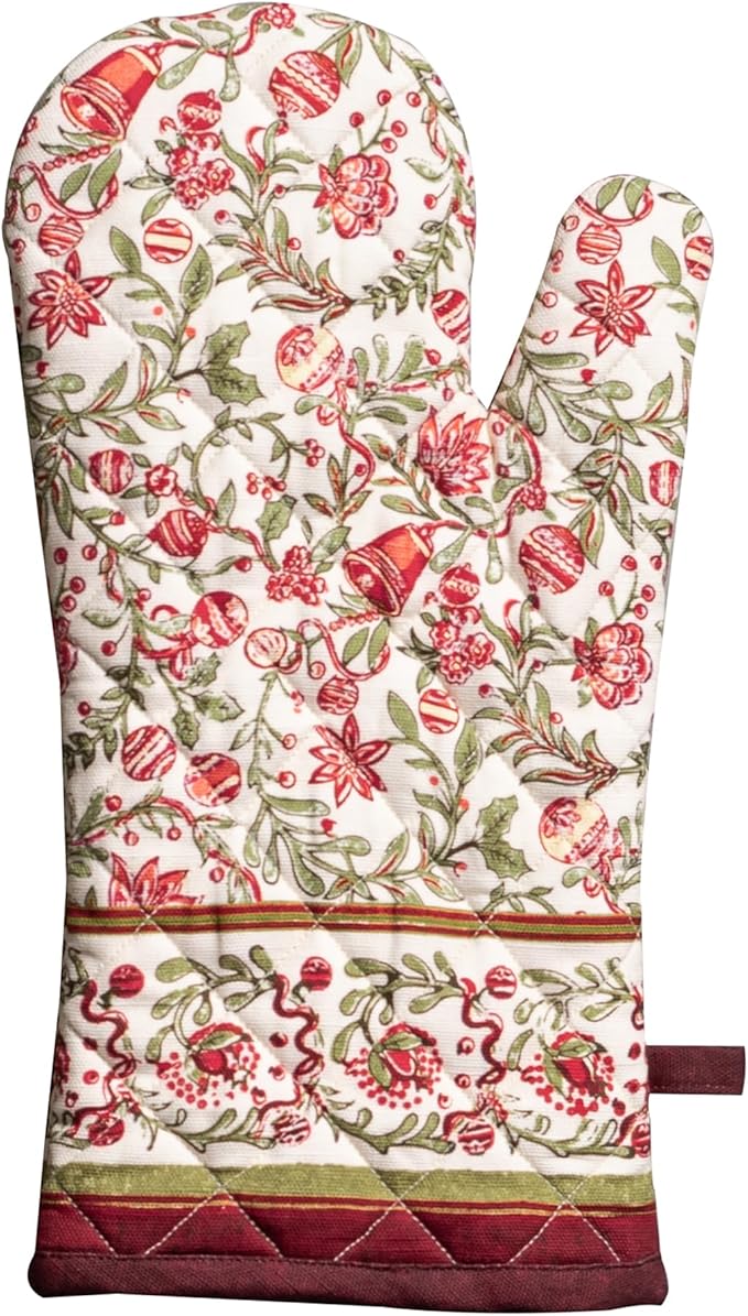 Maison d' Hermine Oven Gloves 100% Cotton Oven Mitt 7" x 13" with Loop Heat Resistant Cooking Gloves for Thanksgiving Christmas Decorations Baking Handling Hot Pans (Pack of 1, Reveillon Au Jardin)