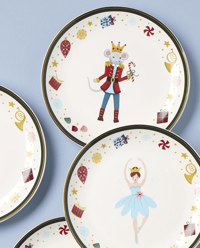 Lenox Dinnerware, Nutcracker Ballet Tidbit Plates, Service for 4, Microwave Safe & Dishwasher Safe Porcelain, Pasta and Salad Dinnerware, Christmas Decor, Nutcracker Ballet (Assorted Plates, 4 Piece)
