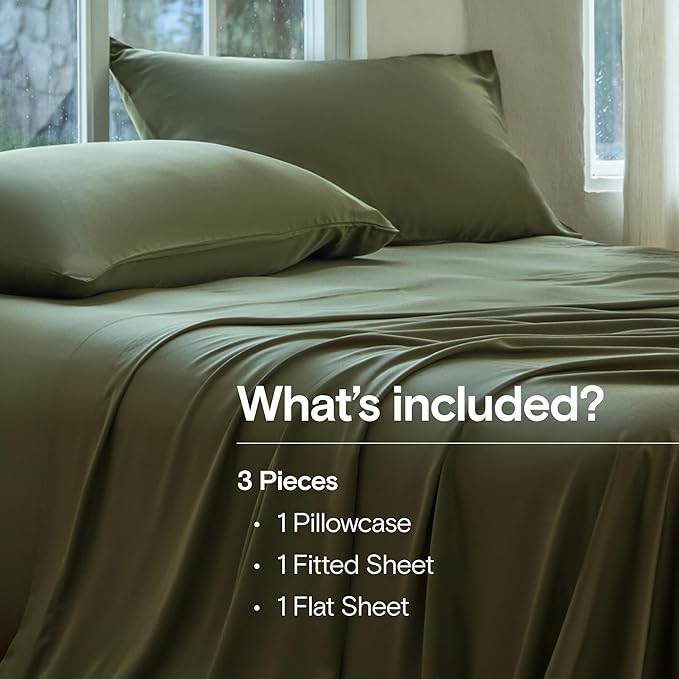 DOZ Sheet Set, 100% Viscose derived from Bamboo, Organically Grown, Buttery Soft, Cooling Sheets, High GSM, Deep Pockets - 3 Piece - 1 Pillowcase 1 Fitted 1 Top Sheet (Olive, Twin)