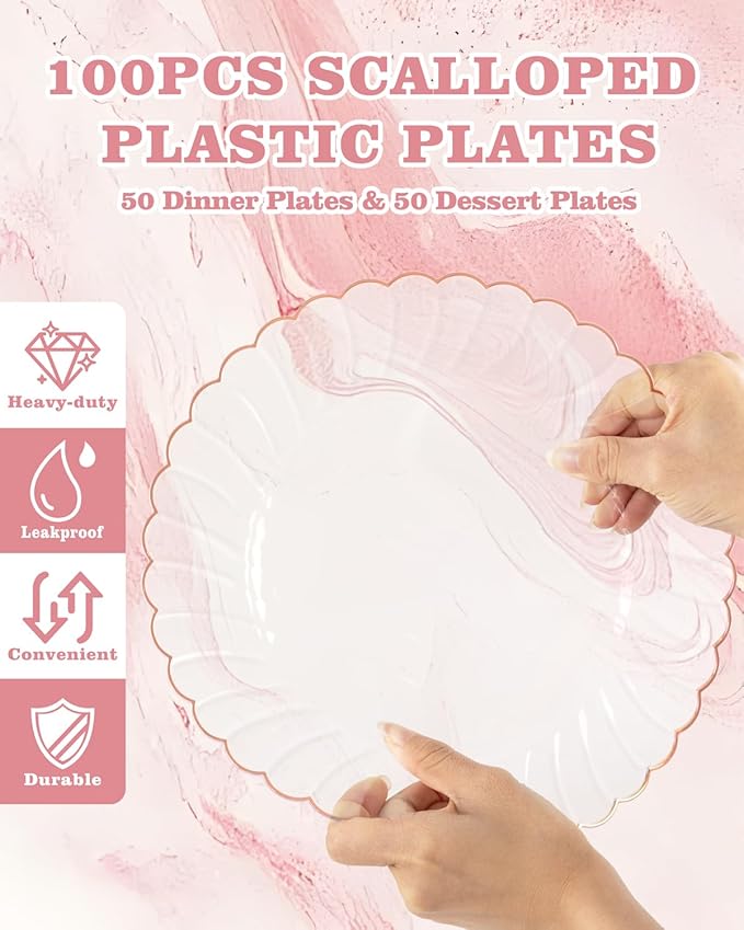 YOUBET 100PCS Rose Gold Scalloped Plastic Plates - Heavy Duty Clear Rose Disposable Fancy Hard Plates Include 50 Dinner Plate, 50 Dessert Plate for Wedding & Baby Shower Party