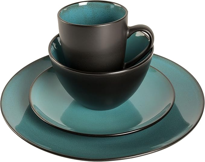 Gibson Elite Soho Lounge 16-Piece Round Reactive Glaze Stoneware Dinnerware Set, Service for 4 ??Teal Plates and Bowls