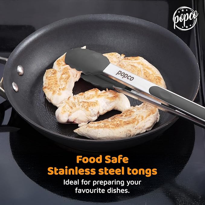 Popco 3-Piece Kitchen Tongs Set ??Stainless Steel Heat Resistant Silicone Tips, Strong Comfort Grip, 3 Sizes (7, 9, 12 Inch), Non-Scratch, Dishwasher Safe, for Cooking, BBQ, Salad