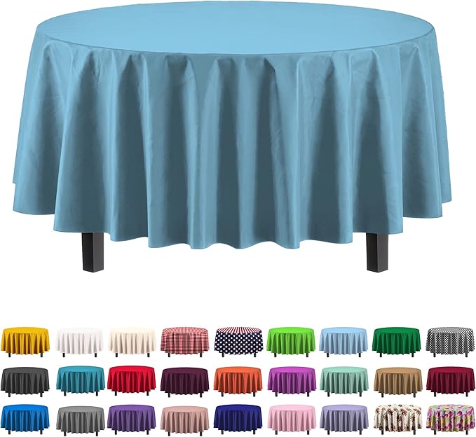 Party Solids 6-Pack Premium Plastic Tablecloth 84in. Round Plastic Table Cover - Sky Blue