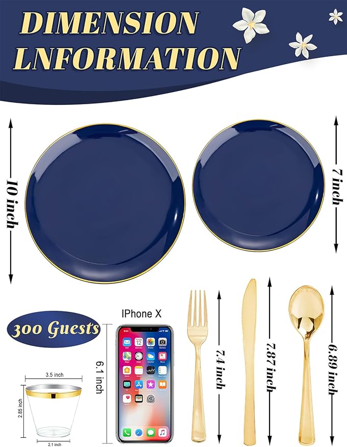 WDF 300PCS Navy Blue Plates Disposable - Blue Plastic Plates 50guest Heavy Duty Plastic Dinnerware Sets for Party/Wedding/Birthday