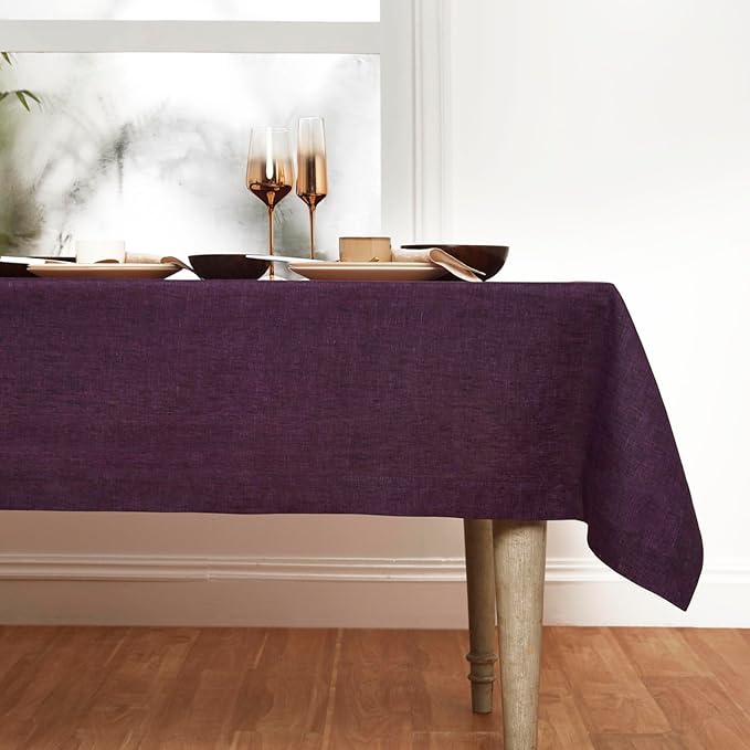 Solino Home Linen Tablecloth 60 x 144 Inch - 100% Pure Linen Grape Table Cloth for Rectangular Tables - Athena, Machine Washable Cloth Tablecloth for Valentines, Spring, Easter