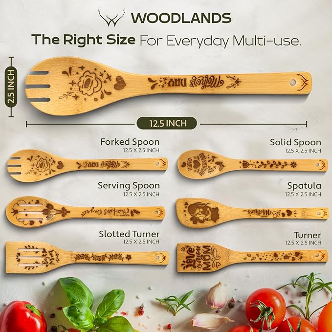 Kitchen gifts for Mom Wooden Spoons for Cooking 6-Piece Wooden Utensil Set with Spatulas & Spoons, Heat-Resistant, Eco-Friendly Kitchen Utensils for Non-Stick Cookware - gifts for her