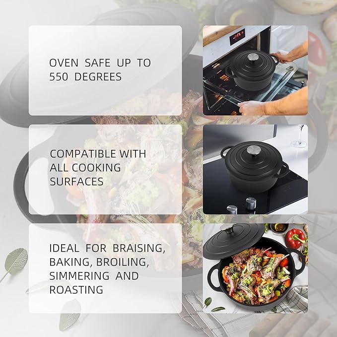 4.5 Quart Dutch Oven Enameled Cast Iron with Lid - Big Dual Handles - Oven Safe up to 500째F - Classic Round Pot for Versatile Cooking Matte Black(No Enameled