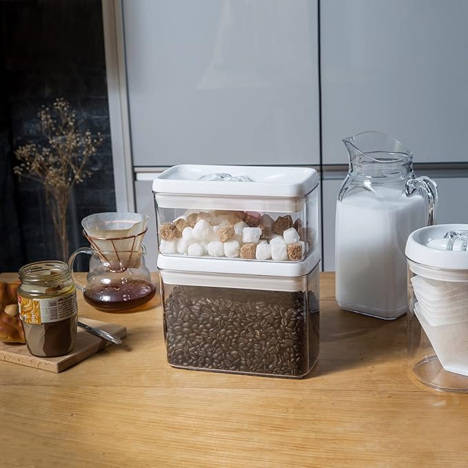 Felli Flip Tite Storage Container with Lid 4??RECTANGULAR Airtight Ring Flip Top, Stackable Kitchen Counter Pantry Organizer Acrylic Canister Jar for Pasta Spaghetti Cereal Granola Coffee (1.9qt)