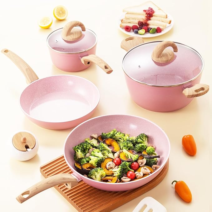 Pink Pots and Pans Set Non Stick, Ceramic Cookware Set with Granite Pattern Kitchen Cooking Sets Induction Pot and Pan w/Frying Pans, Saucepans, Casserole, Non-Toxic, PTFE/PFOA/PFOS-Free