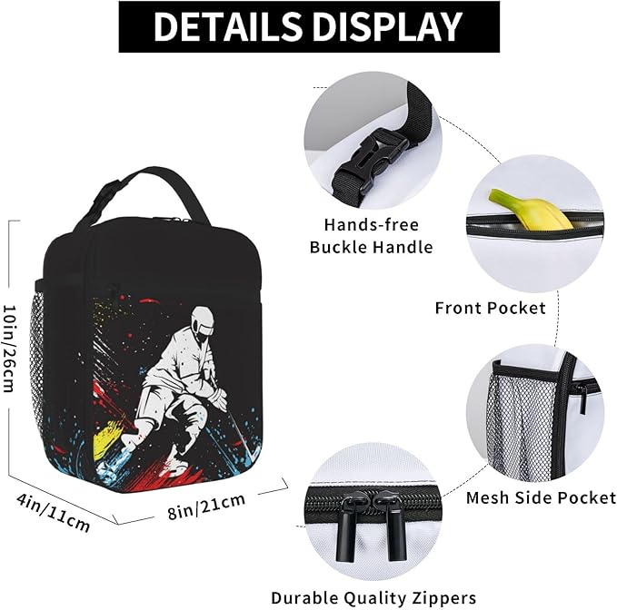 YIJIUWKIS Sports Lunch Bag for Boys Hockey Insulated Lunch Box with a Ice Hockey Player Pattern Print, Black Cooler Thermal Lunch Bag Tote Handbag with Water Bottle Holder for Kids Teens Adults