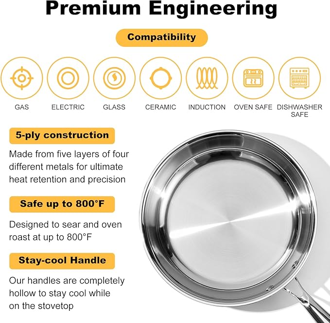 Stainless Steel Pan竊똍on-Toxic PFAS, PFOA & PTFE Free, Compatible With All Cooktops & Induction Safe, Oven Safe Pan for Searing & Saut챕ing, Long Lasting Cookware. (10 Inch)