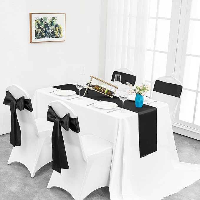 10-Pack Black Satin Table Runner 12 x 108 Inch Long Bright and Smooth Silk Fabric Table Runner for Wedding Banquet Birthday Party Decoration
