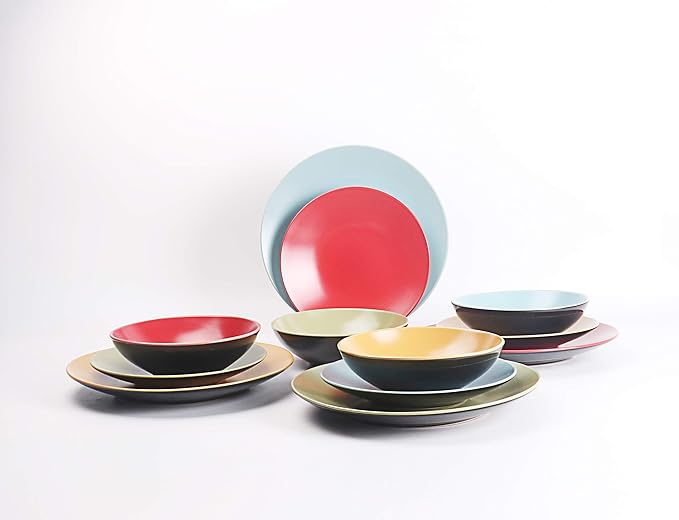 Stoneware Two-Tone Colors Life 12pc Dinnerware Set竊똎utside Shinny Black + Inside Matte Finished Very Funny - 4 Assorted Colors Turquoise, Olive, Curry, Red
