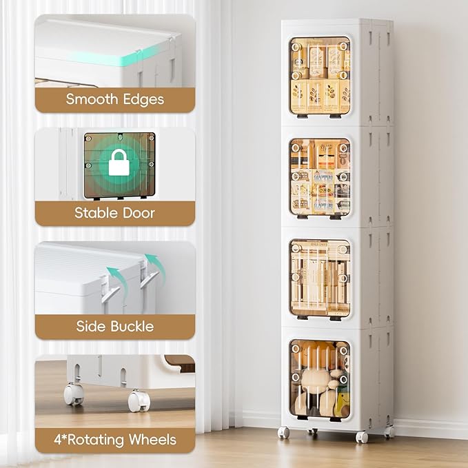 JEKO&JEKO Narrow Bathroom Storage Cabinet, 4-Tier Slim Tall Cabinet Organizer with Wheels, Foldable Plastic Storage for Small Spaces, White