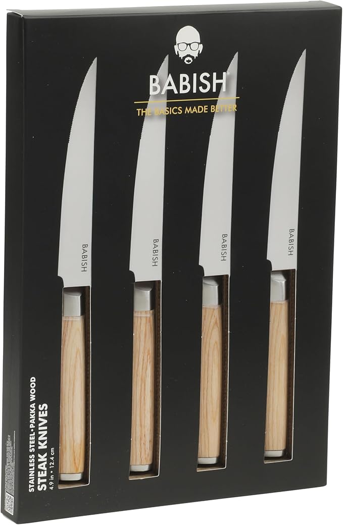Babish 4-Piece 1.4116 German Stainless Steel Steak Knife Set with Light Pakka Wood Handles ??Full-Tang Steak Knives for Dining, Entertaining & Everyday Table Use