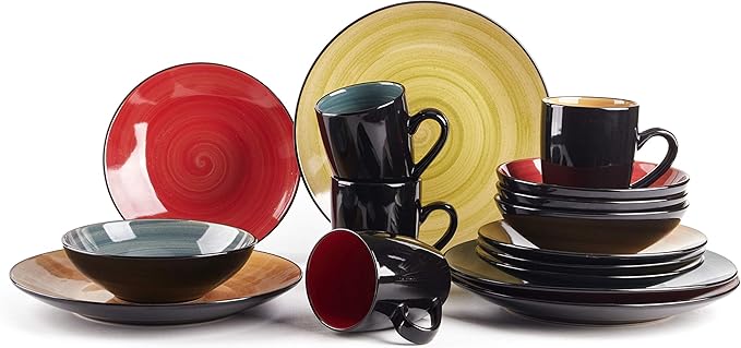 Stoneware Sonoma 16pc Dinnerware Set, Black + Speckled Spin Wash, Mix Blue, Green, Red, Yellow