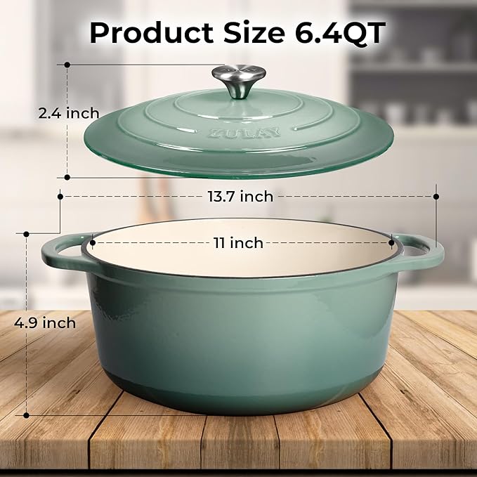 Zulay Kitchen 6 Quart Enameled Cast Iron Dutch Oven Pot with Lid ??Premium Durability & Oven Safe up to 500째F ??Heavy Duty Cookware Perfect for Bread Baking, Stews, Braising & Roasting - Aventurine