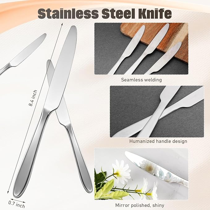 Nuenen 300 Pcs Dinner Knives Set 8.4 Inches Serrated Table Knives Durable Stainless Steel Butter Steak Silverware Bulk for Home, Restaurant, Kitchen, Dishwasher Safe and Mirror Polished