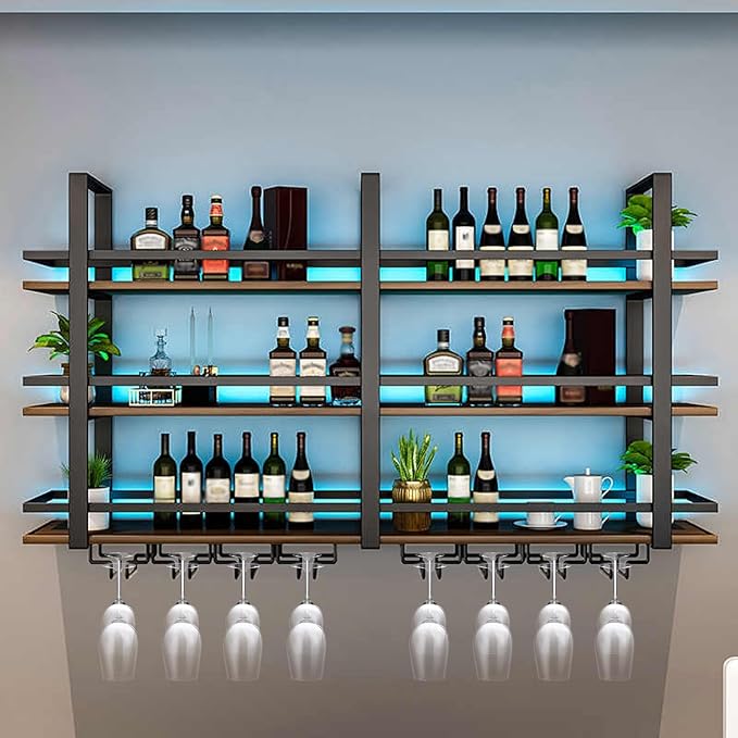 Wall Mounted Wine Rack with LED Light, Metal Liquor Bottles Display Shelf, Floating Shelves Display Storage Organizer, Wall Bar Shelves with Wine Glass Holder for Home Bar Kitchen (black, 62.9in)