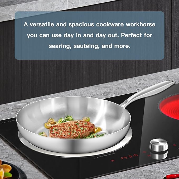 12" Stainless Steel Frying pan, 3-Ply Stainless Steel Pan, Induction, Oven Broiler Safe 600F Skillet, Professional Cookware, Silver竊똕uitable for All Stove (Detachable Handle)