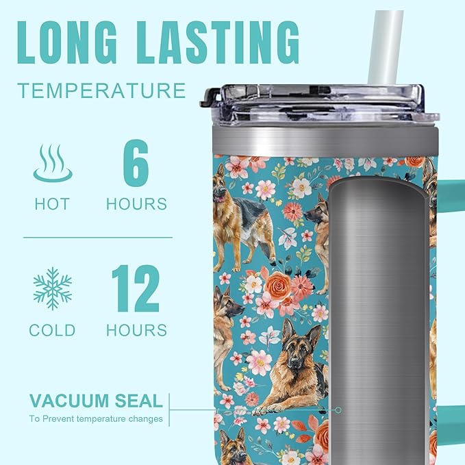 Yogusut German shepherd Gifts for Women, 40oz Stainless Steel Insulated Tumbler Travel Mug Cup with Handle Straw, Gifts for Dog Mom Dog Lover