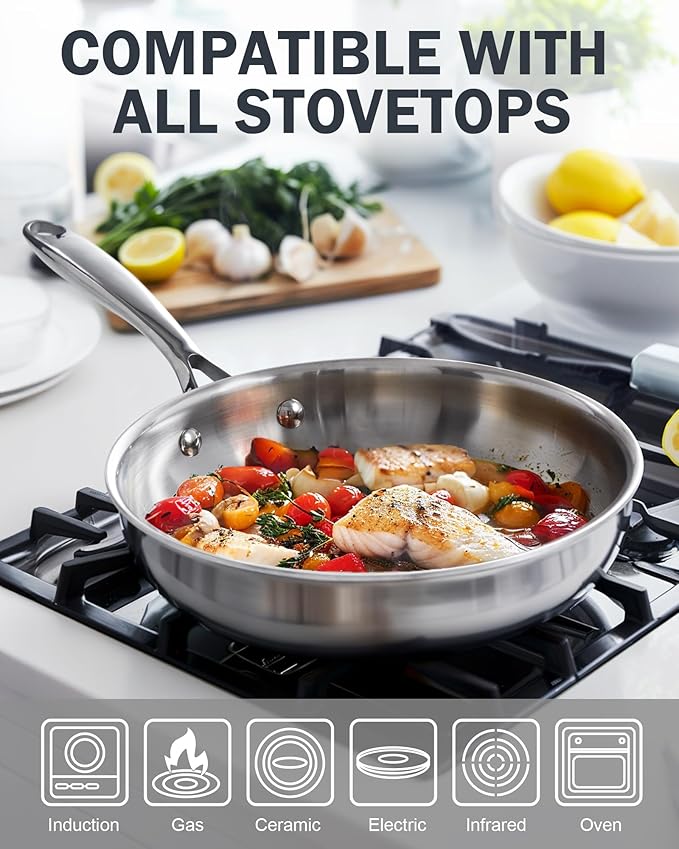 Cooks Standard Frying Pan Stainless Steel, 8-Inch Multi-Ply Clad wok Stir Fry Pan Kitchen Skillet, Silver