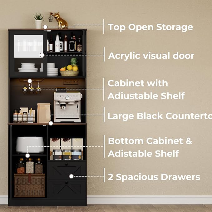 71?섃셁itchen Pantry Storage Cabinet with LED Lights and Power Outlet, Tall Farmhouse Kitchen Hutch with Microwave Stand,Globet Hooks and Adjustable Shelf for Dining Living Room,Black