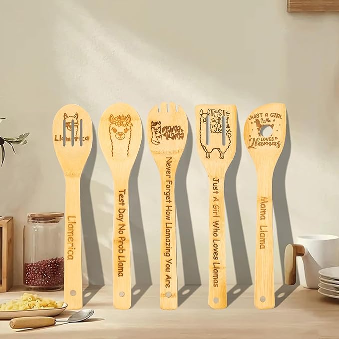 5PCS Llama Wooden Cooking Spoons Llama Gifts Llama Decor Llama Gifts for Women Llama Kitchen Decor Gifts for Llama Lovers llamas Stuff Housewarming Wedding Cooking Bamboo Cooking Spoons