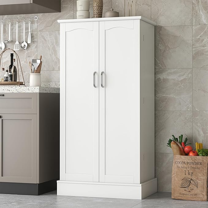 47??Pantry Cabinet, Kitchen Pantry Storage Cabinet with Doors and Adjustable Shelves,Freestanding Buffet Cupboards Sideboard for Living Room and Dinning Room (White)