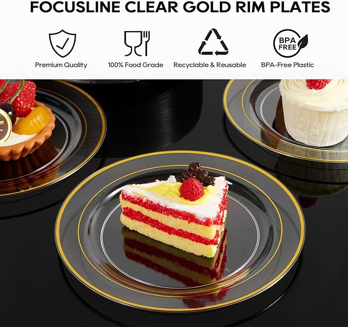 FOCUSLINE 7 Inch Small Clear Gold Plastic Plates 100 Count, Disposable Heavy Duty Clear Plates with Gold Rim, Premium Hard Plastic Plate Fancy Disposable Salad Plate for Wedding Parties