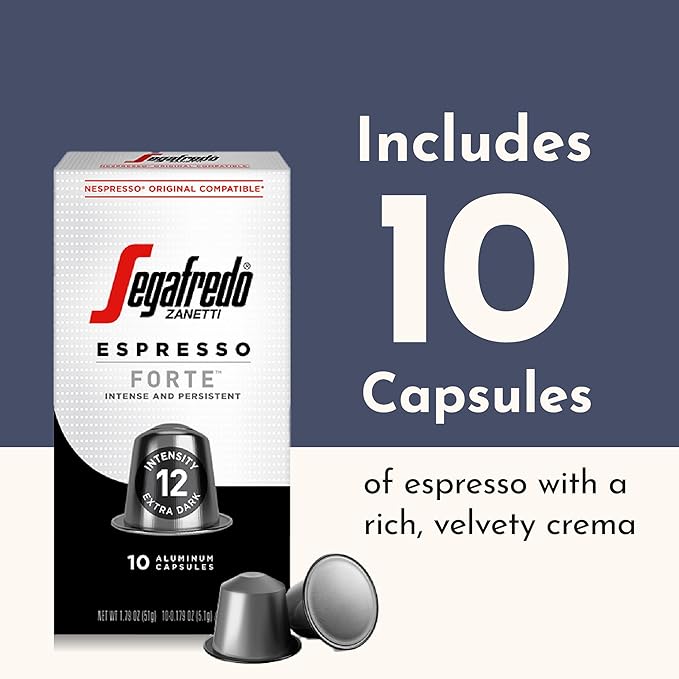 Segafredo Zanetti Espresso Capsules ??Aluminum Pods for Nespresso Original Machines ??Extra Dark Roast Premium Espresso with a Bold Aroma ??Smoky, Intensity 12 ??Forte, 10 Count