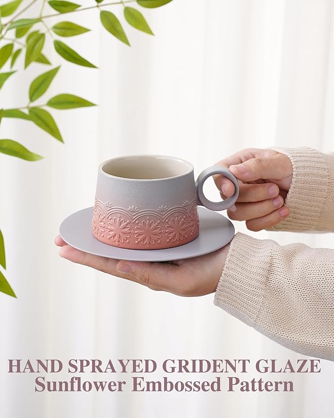 ZENS 7.3 Ounce Cappuccino Cups Set of 2, Artistic Embossed Ceramic Cappuccino Coffee Cups and Saucers, Double Espresso Cups Set of 2 for Au Lait, Matcha Latte or Tea, Women Gifts, Grey Pink