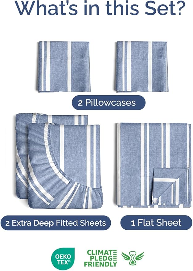 Extra Deep Pocket Split King Sheets - 5 Piece Breathable & Cooling Bed Sheets - Hotel Luxury Bed Sheet Set - Soft, Wrinkle Free & Comfy - Easily Fits Extra Deep Mattresses - Blue Striped Sheets Set