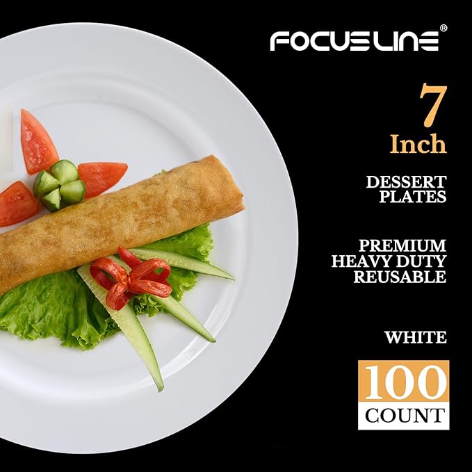 FOCUSLINE 100 Count White Plastic Dessert Plates 7 Inch, Disposable Heavy Duty Plastic Plates for Weddings, Parties and Events