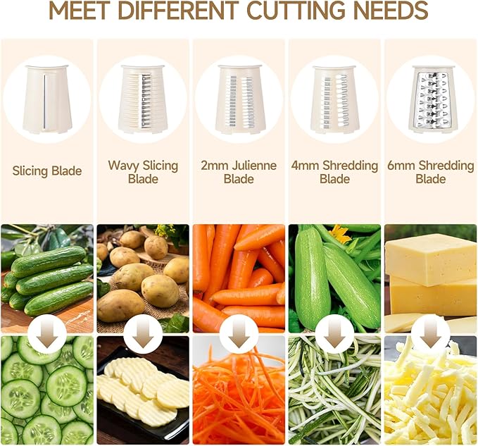 Xilrvna RotaryCheese Grater,VegetableShredder 5 in 1 Cheese Grater with HandleedderReinforcedSuction,EasytoClean,KitchenChopperforCrushedIce,Fruits and Nuts with Blade Storage Case竊늋hite