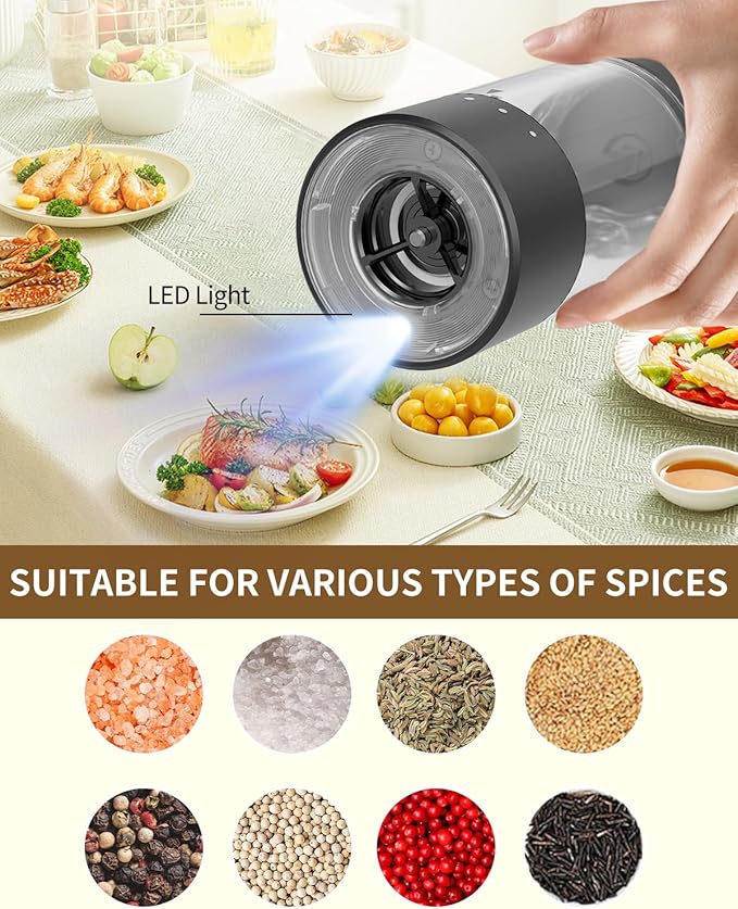 CIRCLE JOY Electric Salt and Pepper Grinder Set Automatic Salt and Pepper Mills Set with Easy-to-Carry Charging Base and LED Light, USB Rechargeable, Upgrade External Adjustable Coarseness