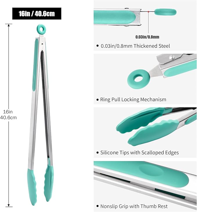 Doosu Kitchen Tongs for Cooking - 600째F Heat Resistant Food Tong with Non-Scratch Silicone Tips, Heavy Duty Stainless Steel Locking Tong for BBQ, Grilling Steak, Serving Salad, Pasta (16in, Aqua Sky)