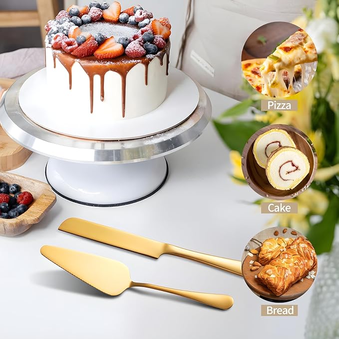 Golden Cake Cutting Set for Wedding, Premium Stainless Steel Cake Knife, Premium Cake Cutter set is Great for Birthdays, Anniversary Parties, and Christmas.Perfect for any celebration