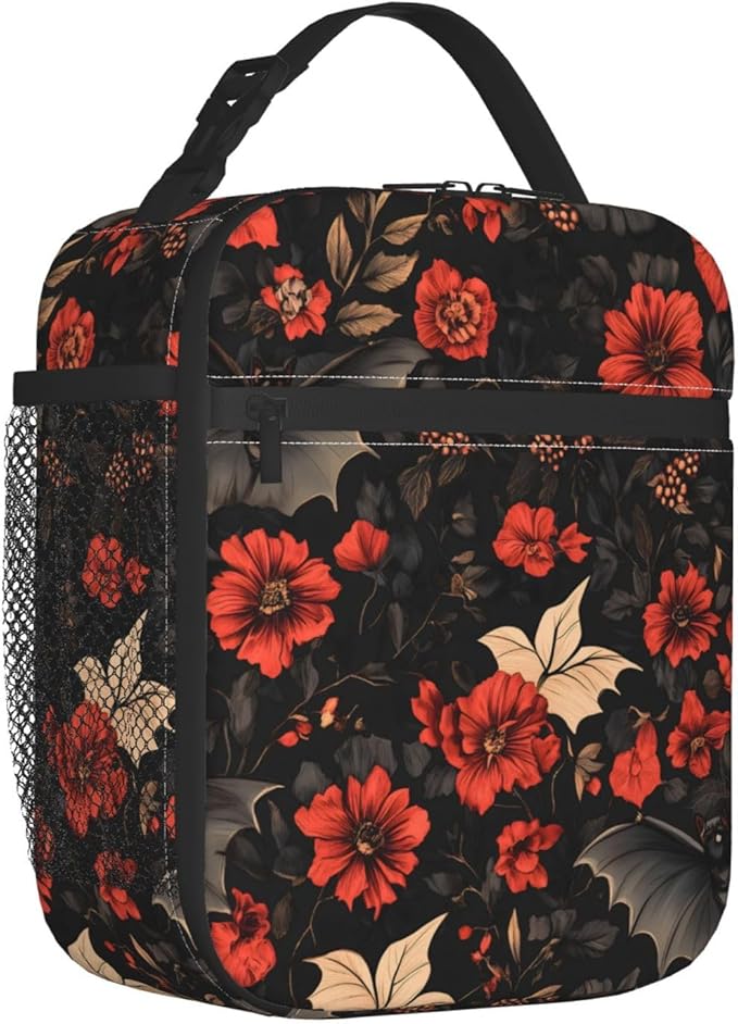 VANZEV Insulated Lunch Box for Women Men, Gothic Floral Bat Theme Lunch Box Reusable Portable Lunch Bag Cooler Tote Waterproof Lunch Container for Office Picnic Work Travel