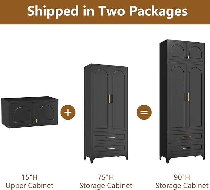 Kitchen Pantry Cabinet with 2 Drawers, 90" Tall Metal Storage Cabinets with Doors and Shelves, Food Cupboards for Dining, Living Room, 16" D x 32" W x 90" H, Black, Assembly Required