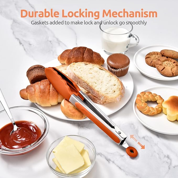 600쨘F Heat Resistant Kitchen Tongs: U-Taste 9 inch Silicone Cooking Tong with Firm Sealed Non Stick Rubber Tips & Silicon Coated 18/8 Stainless Steel Handle & Smooth Locking for Serving Grill (Orange)