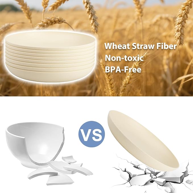 Deep Dinner Plates Set of 8, Wheat Straw Plate 9 Inch, Lightweight and Unbreakable Plastic Plate Reusable, Microwave & Dishwasher Safe Camping Plates for Picnic, Outdoor, Travel (Beige)